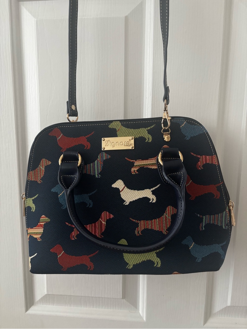 Pignose Navy Dachshund Print Shoulder Bag